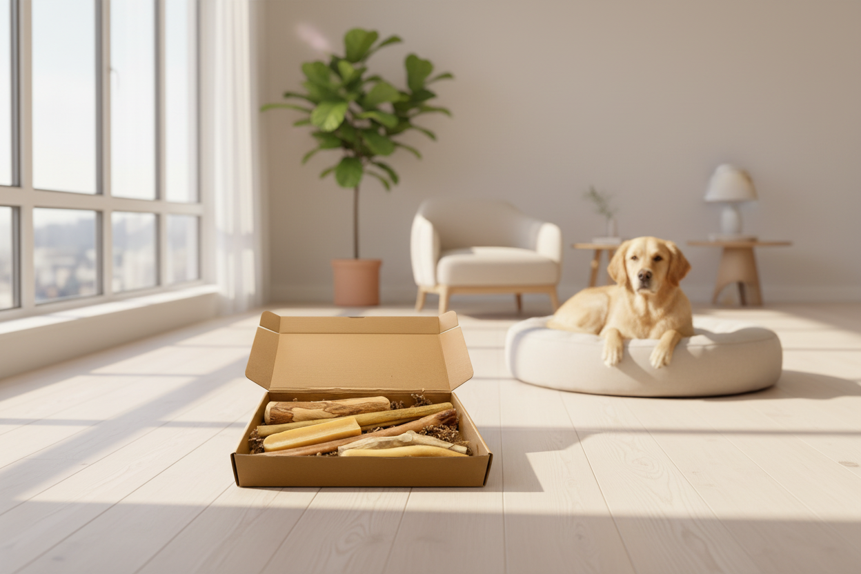 Natural Dog Chew Box in a warm home setting
